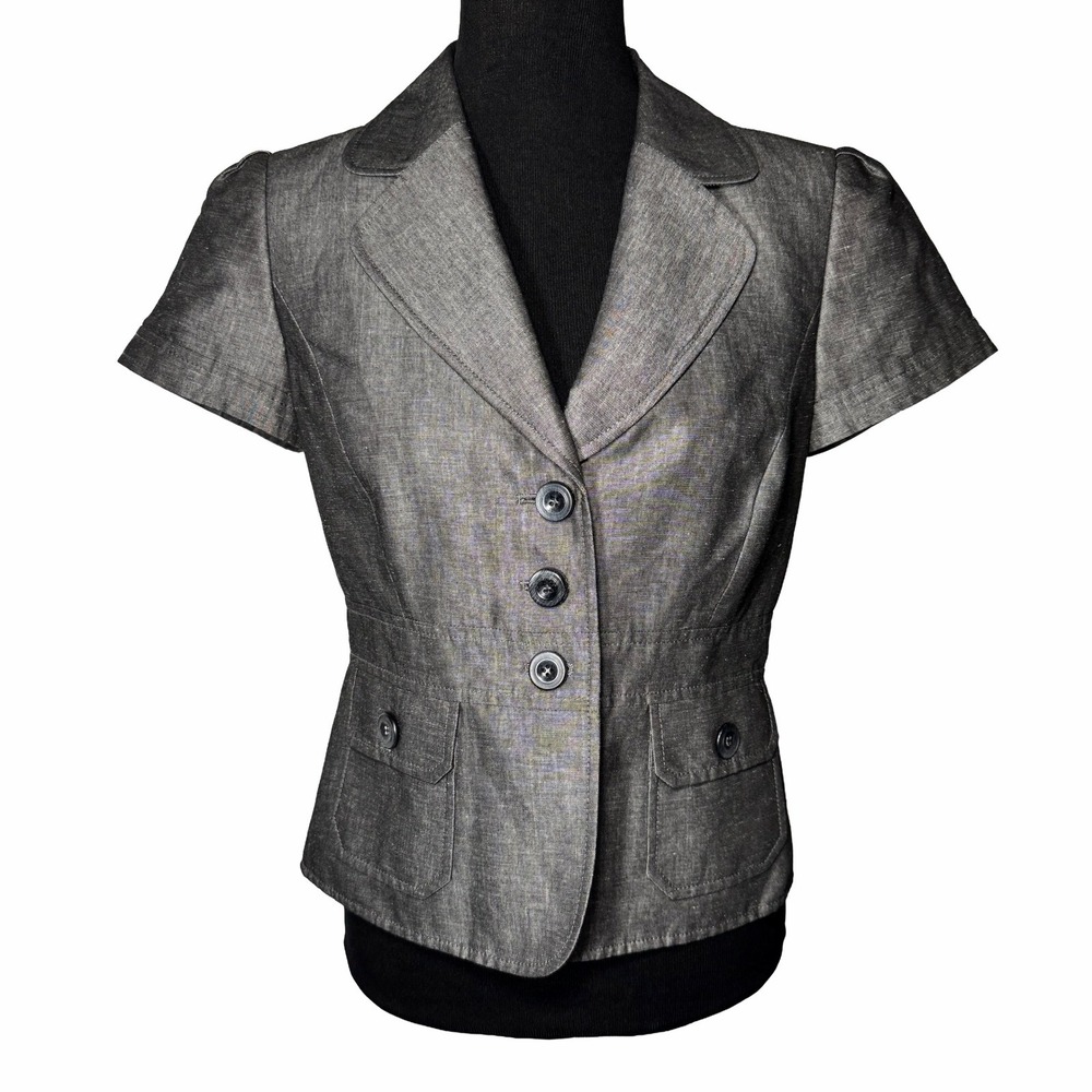 Tahari Arthur S Levine Linen Blend Short Sleeve Blazer Gray Petite 6P Office - Picture 2 of 8